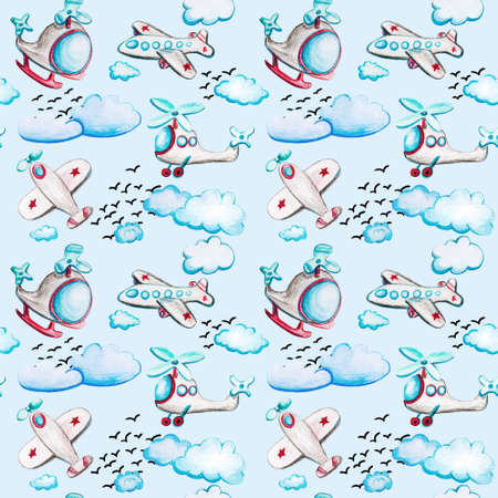 Watercolor and pattern with clouds and birds.の写真素材