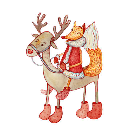 Merry fabulous and cunning fox in a fur coat, felt boots and mittens riding on a Christmas reindeer. Hand drawn watercolor. Designed for greeting cards, prints, posters, stickers.の写真素材