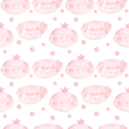 Pig Princess. Pig with glasses. Cute seamless pattern with pink pigs. Isolated muzzle of pigs on a white background. Chinese New Yearの写真素材
