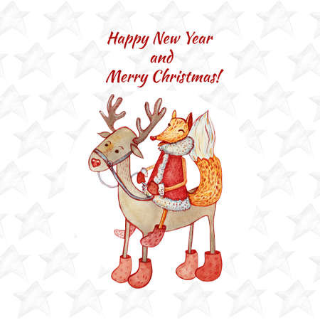 Greeting card with text: Happy New Year and Christmas. The cunning fox rides a reindeer. Hand-drawn watercolor.の写真素材