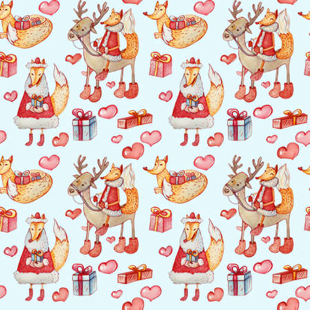 Seamless pattern with a fox riding a deer, with a walking and lying fox with gifts and hearts. Watercolor Christmas characters on a blue background.の写真素材