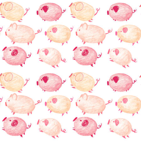 Seamless pattern with funny cartoon pink and orange pigs. 2019 year of the pig on the Chinese calendar. Hand-drawn dry pastel.の写真素材