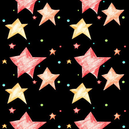 Seamless pattern with stars for kids on a black background. Cosmos, red, orange and yellow stars. Blue dots.の写真素材