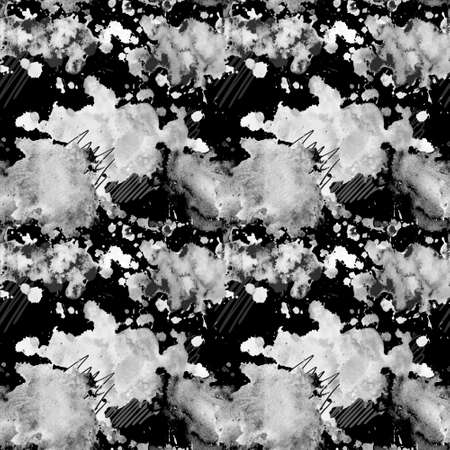 Black and white seamless pattern with watercolor blots on night dark sky background. Watercolor spots in the form of thunderclouds with lightning and rain. Abstract background.の写真素材