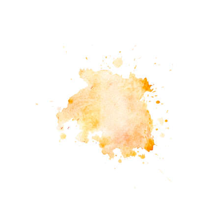 Watercolor orange spot with splashes and stains. Isolated orange spot on a white background. Bright blot drawn by hand.の写真素材