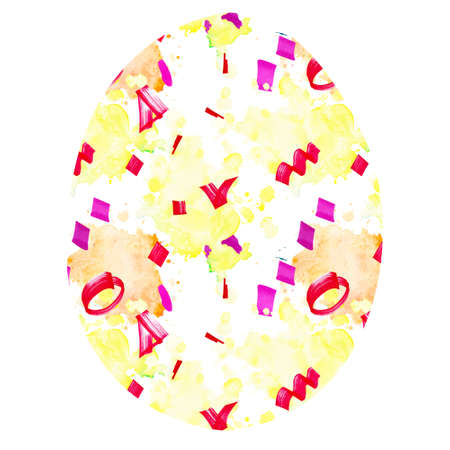 Easter egg with multi-colored spots. Abstract background with bright geometric shapes and watercolor stains, limited to egg shapes on a white background. Neon stylish youth colors.の写真素材
