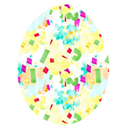 Easter egg with multi-colored spots. Abstract background with bright geometric shapes and watercolor stains, limited to egg shapes on a white background. Neon stylish youth colors.の写真素材
