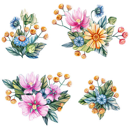 Watercolor illustration with bouquets of wildflowers for a wedding. Floral card with pink mallow flowers, yellow chamomile, yellow tansy and blue daisy. Autumn, summer and spring seasons.の写真素材