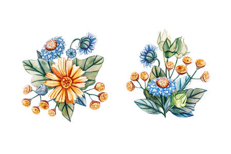 Watercolor illustrations with floral bouquets for a wedding. Floral card with a bouquet of yellow daisies, yellow tansy and blue daisies. Autumn, summer and spring seasons. Invitation card.の写真素材