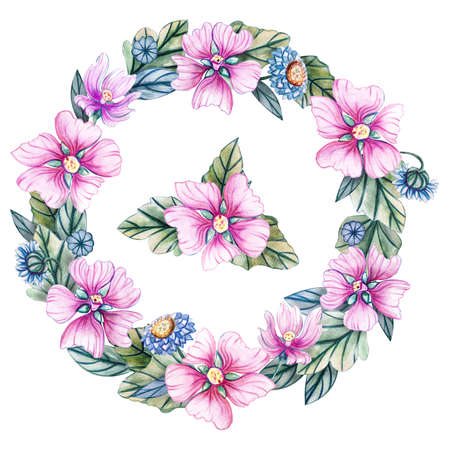Watercolor illustration with wreath of wild flowers for wedding. Floral card with pink flowers, leaves and buds of mallow. Autumn, summer and spring seasons. There is a place for text.の写真素材