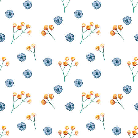 Seamless pattern with watercolor plants. Floral ornament with yellow tansy blue buds on a white background. Autumn, summer and spring seasons. For printing on fabric, cards, invitation, for a wedding.の写真素材