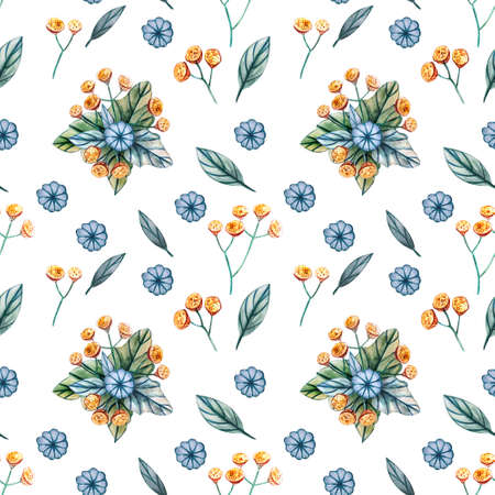 Seamless pattern with bouquets of wildflowers for a wedding. Floral card with green leaves, yellow daisy, yellow tansy and blue daisy. Autumn, summer and spring seasons. For invitation.の写真素材
