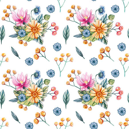 Seamless pattern with bouquets of wildflowers for a wedding. Floral card with pink flowers of mallow, yellow daisy, yellow tansy and blue daisy. Autumn, summer and spring seasons.の写真素材