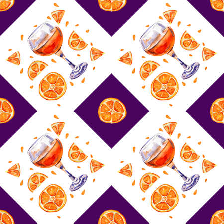 Seamless background with glasses of orange juice. Summer citrus exotic drink. Slices of orange. Hand drawn watercolor. Violet squares.の写真素材