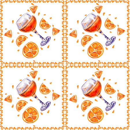 Seamless background with glasses of orange juice. Summer citrus exotic drink. Slices of orange. Hand drawn watercolor.の写真素材