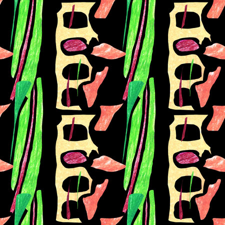 Seamless abstract pattern. Brown, pink and yellow geometric shapes on a black background. Bright...