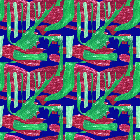 Seamless abstract pattern. Green geometric shapes on a blue background. Contrasting rhythmic...