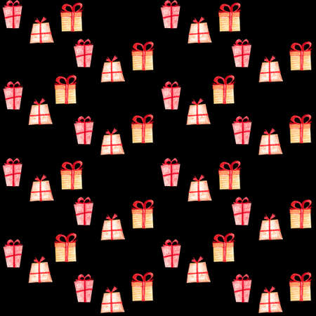 Seamless Christmas pattern with gift boxes. Hand-drawn orange and red festive packaging with red ribbons on a black background.の写真素材