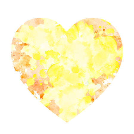 Watercolor spot of pale yellow color with splashes of orange and stains. Isolated spot on white background. A lemon yellow stain painted by hand. Frame for text in the shape of a heart.の写真素材
