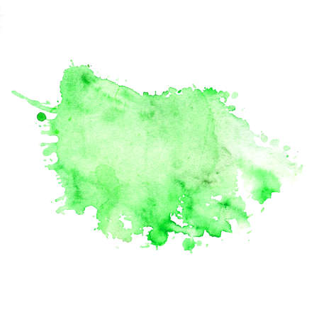 Watercolor blot of aqua with splashes and divorces. Isolated neon green blot on a white background. Green blot drawn by hand.の写真素材