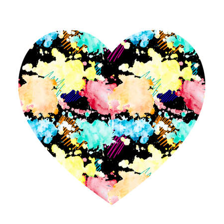 Watercolor splashes in the shape of a heart. Colorful bright seamless pattern with yellow, orange, red and blue blots on a black background.の写真素材