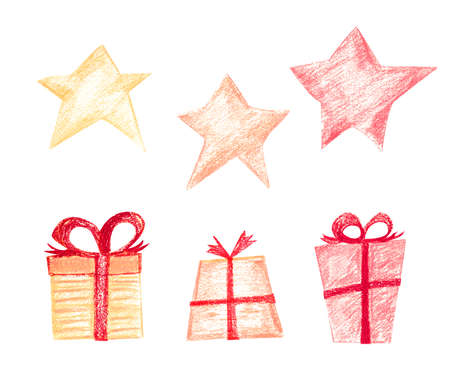 Set of Christmas gifts and stars. Three holiday boxes in wrapping paper with red ribbons. Three shining stars of red, yellow and orange colors. New Year's concept.の写真素材