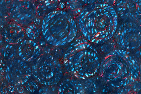 Abstract blue and red background. Grunge texture with scratches, dots and lines, with circles and white spots. Brush imprint, flower buds, body cell. Medicine, biology, chemistry. Hand drawn.の写真素材