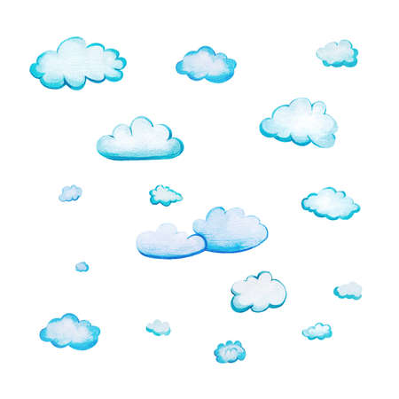 Set with watercolor cartoon clouds. Seventeen white-blue clouds drawn by hand and isolated on a white background. Soft fluffy rounded shapes with watercolor paper texture.の写真素材