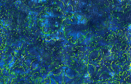 Abstract blue light green neon background. Grunge texture with scratches, dots and lines, with contours of flowers. Yellow-green, gently blue and blue color transitions. Hand drawing.の写真素材