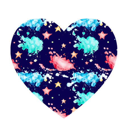 Watercolor splashes in the shape of a heart. Multicolored blots on the background of the night dark sky and stars. Watercolor spots of green, blue and red in the form of clouds.の写真素材