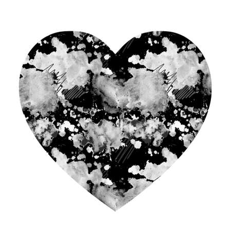 Watercolor splashes in the shape of a heart. Black and white pattern with watercolor blots on night dark sky background. Watercolor spots in the form of thunderclouds with lightning and rain.の写真素材