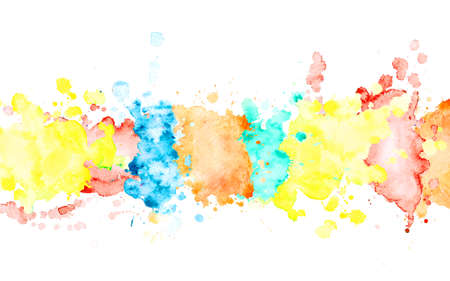 Multicolor watercolor horizontal stripe. Isolated spot on white background. Yellow, orange, green, red, blue blots drawn by hand.の写真素材
