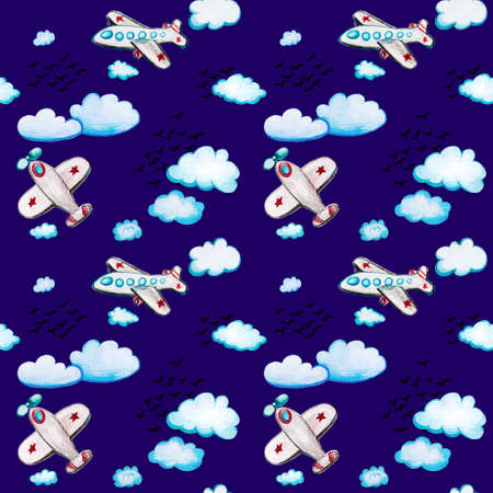 Seamless pattern with cartoon planes. Watercolor illustration with clouds and flocks of birds on a dark blue sky background. Aeronautics is a hobby for children.の写真素材