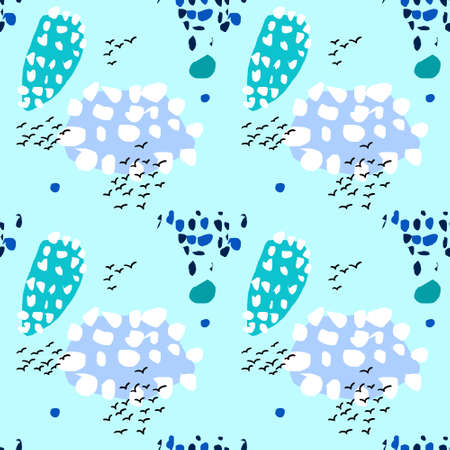 Seamless abstract pattern. Flocks of black birds, swallows, colorful circles and ovals, spots on a blue background. Rounded and sharp drops.の写真素材