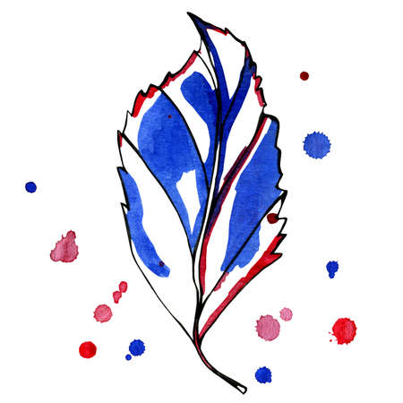 Watercolor stylized graphic autumn leaf. Hand-painted with black, blue and red ink with early color drops on the background. Isolated object on white background.の写真素材