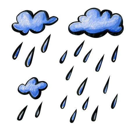 Set with bright cartoon rain clouds. White-blue clouds are drawn by hand and isolated on a white background. Soft fluffy rounded shapes with a black outline and with large drops of rain.の写真素材