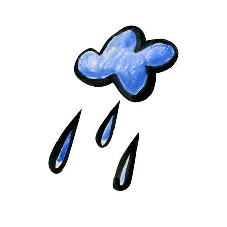 Bright cartoon rain cloud. White-blue cloud drawn by hand and isolated on a white background. Soft fluffy round shape with a black outline and with large drops of rain.の写真素材