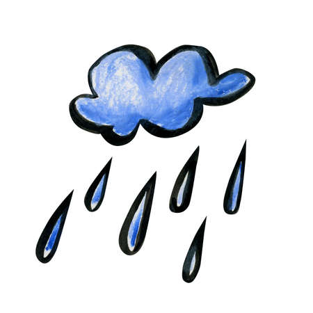 Bright cartoon rain cloud. White-blue cloud drawn by hand and isolated on a white background. Soft fluffy round shape with a black outline and with large drops of rain.の写真素材