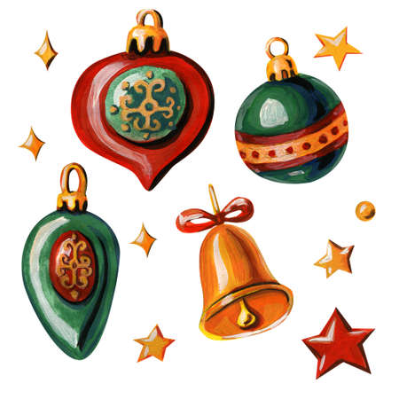 Christmas tree decorations. Red and yellow stars, green ball, golden bell with red ribbon, icicles and drops isolated on a white background.の写真素材