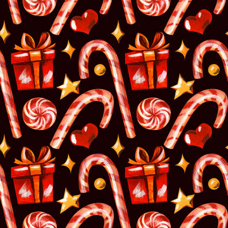 Seamless pattern with christmas sweets. Caramel cane, candy, gold stars, red boxes with gold ribbons on a dark brown background.の写真素材