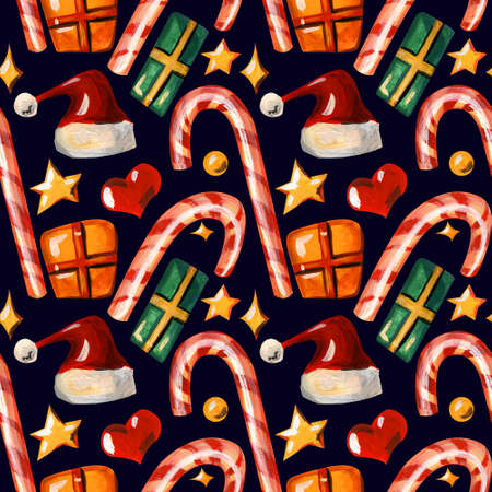 Seamless pattern with christmas symbols. Caramel cane, lollipop, golden stars, golden and green gift boxes with ribbons, Santa Claus hat on a dark blue background.の写真素材