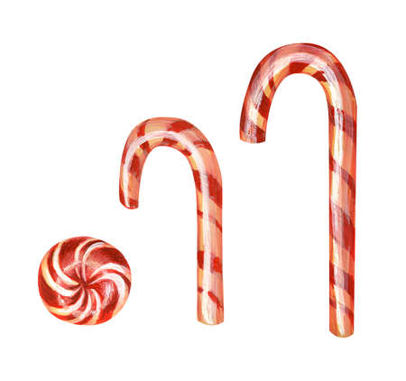 Three Christmas striped caramel canes. Traditional sweet candies isolated on white background drawn in a realistic style. Lollipop, design element.の写真素材