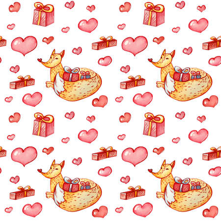Seamless pattern with foxes and hearts. Delicate ornament in pastel colors for Valentine's Day on a white background. Christmas concept for wrapping gifts, textiles, blanks.の写真素材