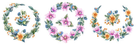 Wreaths and bouquets of wildflowers. Hand drawn watercolor. Ideal for printing on cards and wedding invitations.の写真素材