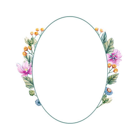 Watercolor illustration with oval frame of wildflowers for a wedding. Floral card with pink flowers, leaves and buds of mallow. Autumn, summer and spring seasons. There is a place for text.の写真素材