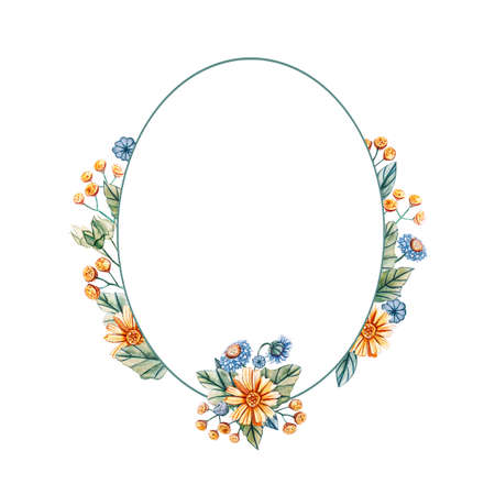 Floral frame in the shape of an ellipse. Watercolor wildflowers. There is a place for text. Flowers on a white background. Template for wedding invitations and cards.の写真素材