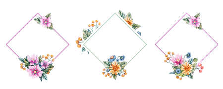 Floral square frames of watercolor wildflowers. There is a place for text. Flowers on a white background. The shape of a diamond. Template for wedding invitations and cards.の写真素材