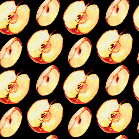 Seamless pattern with red apples. Whole fruit and its quarters with pulp and seeds on a black background. Hand-drawn oil pastel background for the design of food labels, textiles and packaging.の写真素材