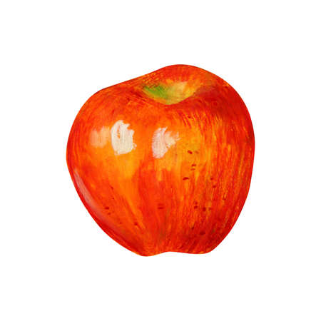 One red apple isolated on a white background. Yellow orange red green fruit. Hand-drawn oil pastel illustration for food label design. Eco product.の写真素材