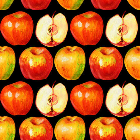 Apples isolated on a black background. Whole ripe fruits and halves with pulp and seeds. Hand-drawn apples for the design of food packaging, textiles, packaging.の写真素材